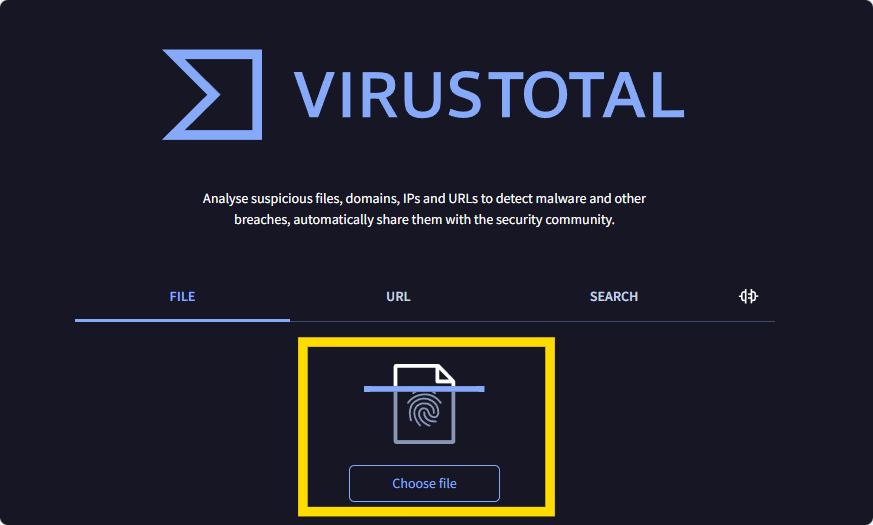 VirusTotal website with file upload option