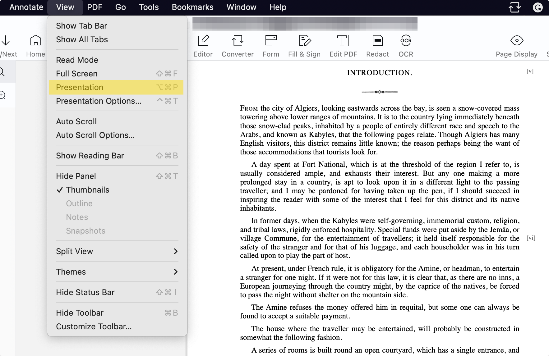 PDF Reader Pro tool showing how to start a PDF presentation