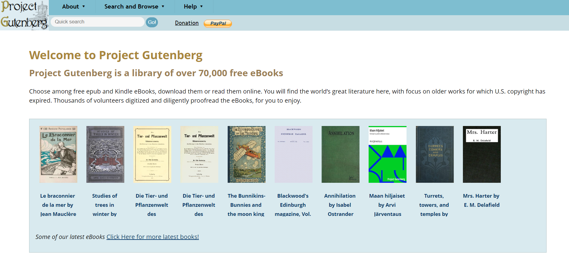 Project Gutenberg website home page