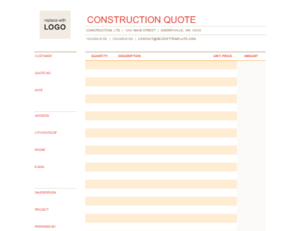 Screenshot of construction quote template