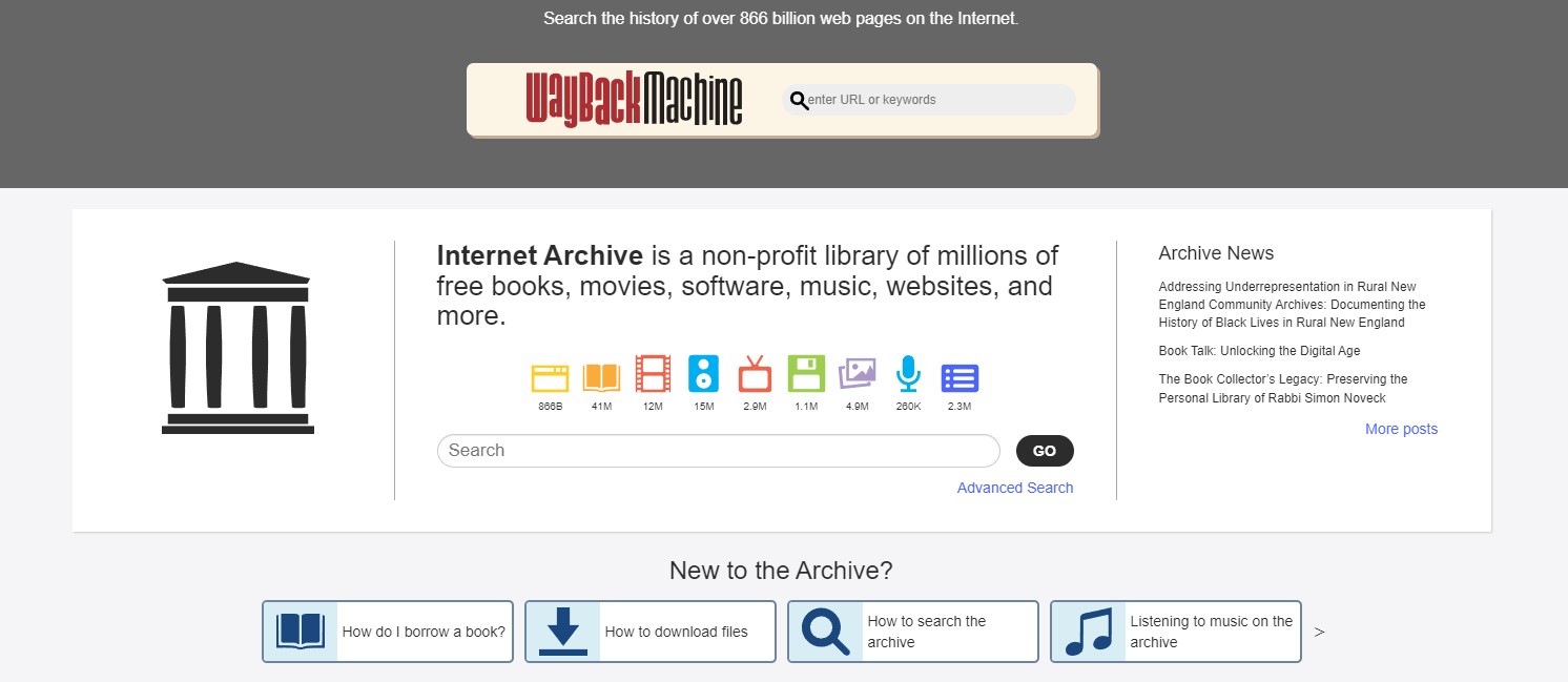The Internet Archive website home page