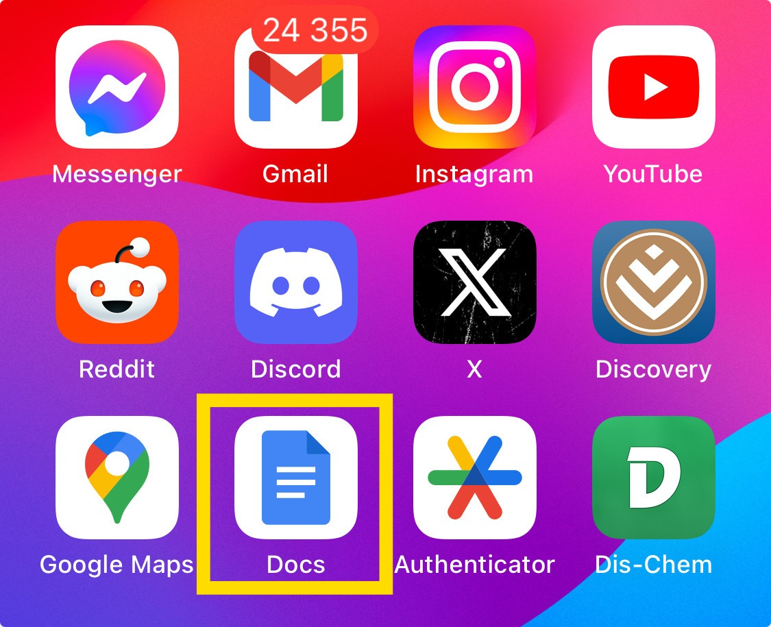 iPhone home screen showing Google Docs app