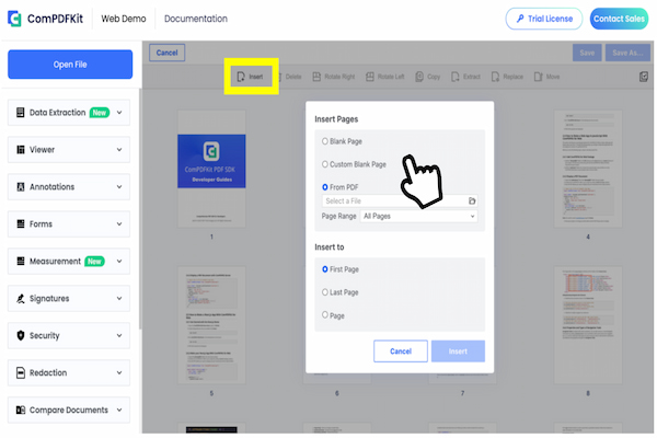 Click “Insert”, then you can choose to insert a blank page or page from another PDF document, and the location that you want to insert in