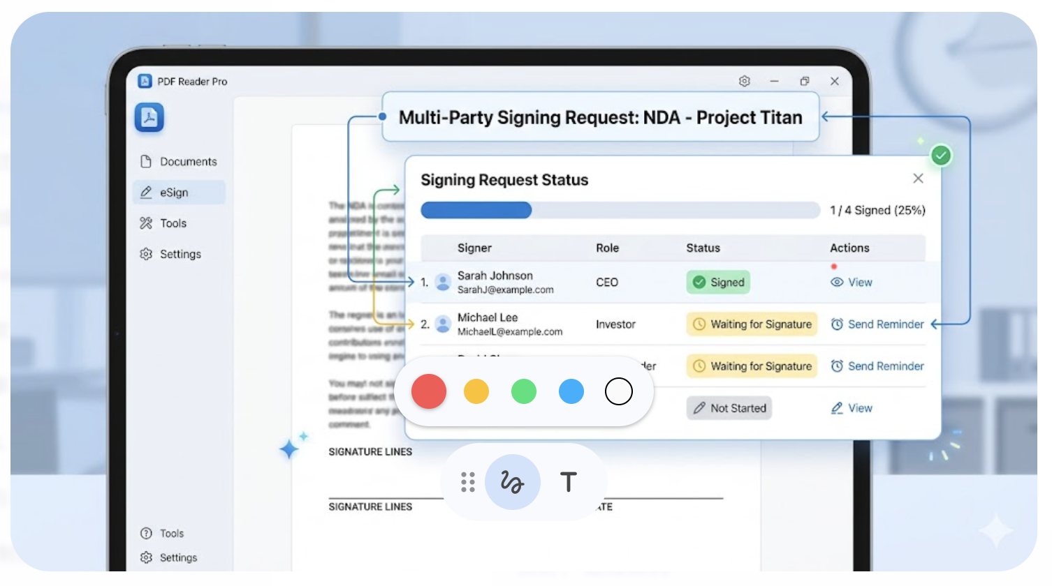 Team sending a PDF for signature with multiple signers and tracking view