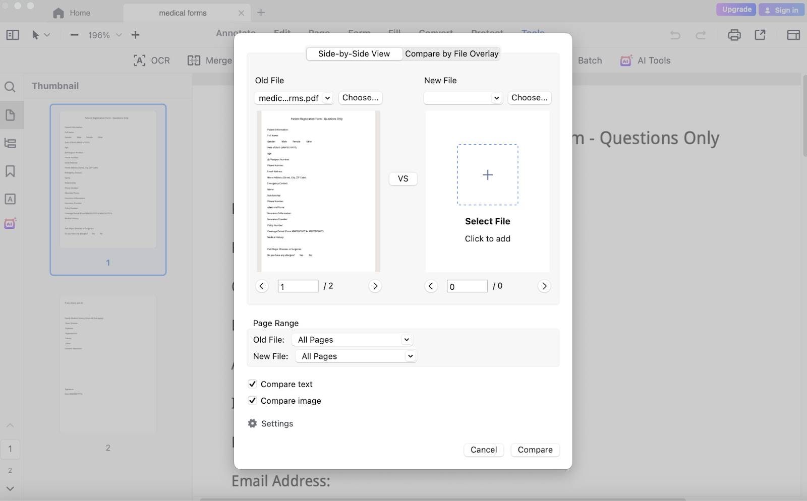 Settings of PDF compare