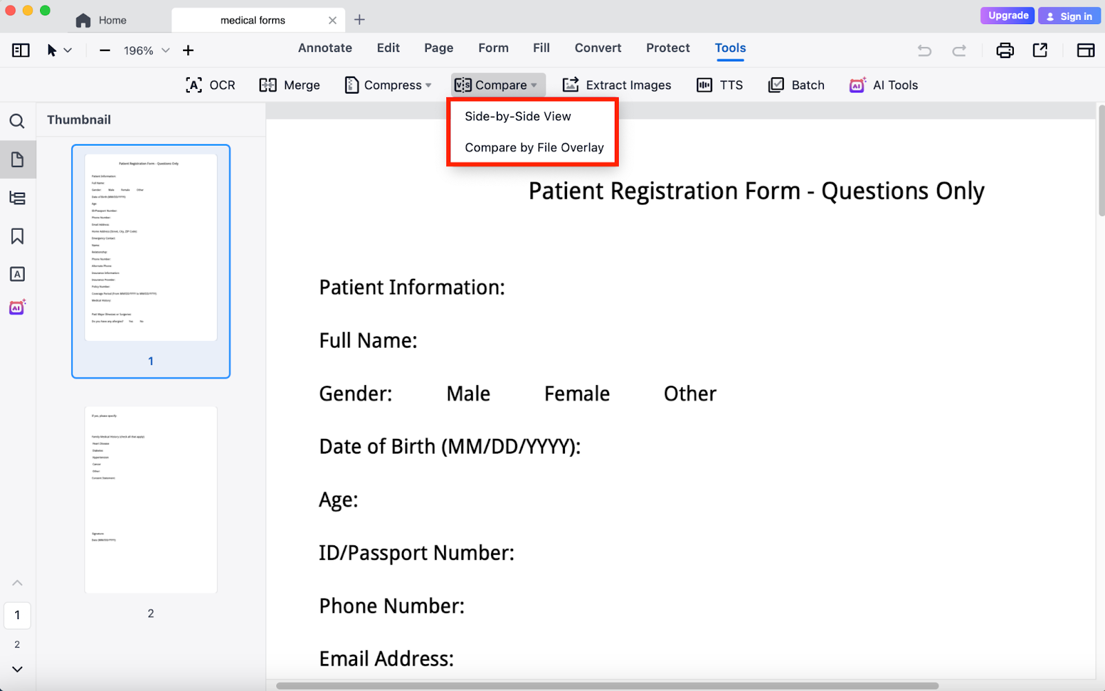 choose to compare PDFs side by side or in one file